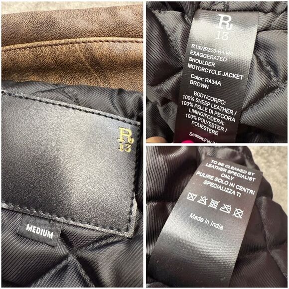 R13 Exaggerated Shoulder Brown Leather Moto Jacket Belted Distressed M - Picture 16 of 16